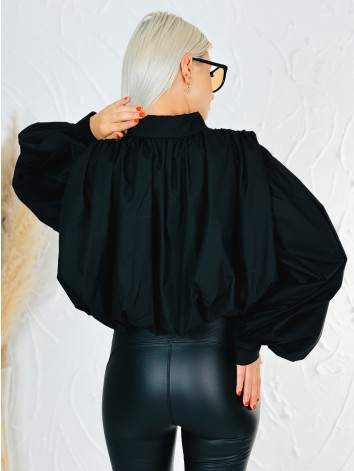 Dámska čierna crop-top košeľa s balónovými rukávmi