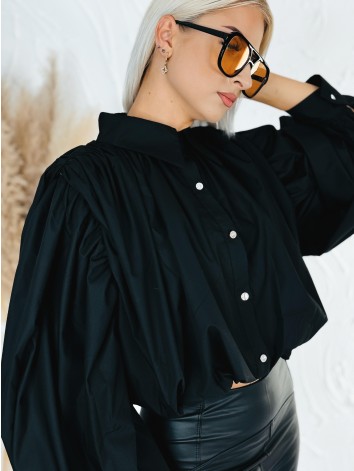 Dámska čierna crop-top košeľa s balónovými rukávmi