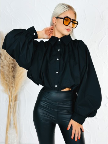 Dámska čierna crop-top košeľa s balónovými rukávmi