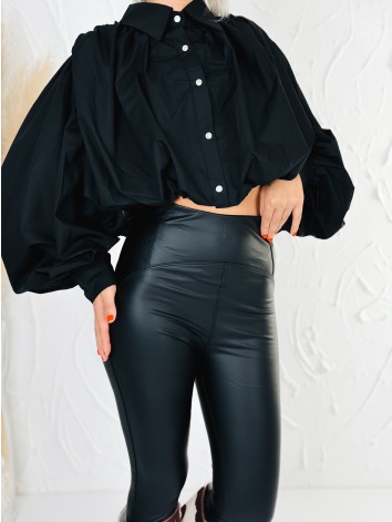 Dámska čierna crop-top košeľa s balónovými rukávmi
