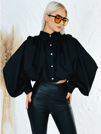 Dámska čierna crop-top košeľa s balónovými rukávmi