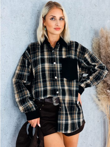 Dámska čierna károvaná oversize košeľa s trblietkami a kontrastným vreckom | Čierno-béžová flanelová košeľová bunda