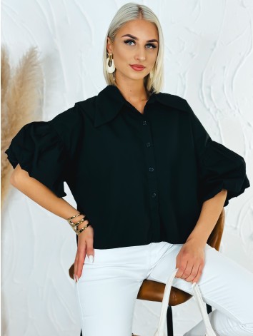 Dámska čierna krátka košeľa s balónovými rukávmi