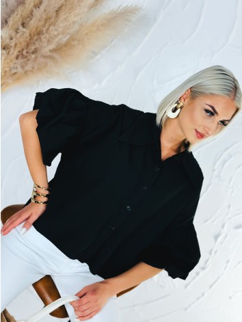 Dámska čierna krátka košeľa s balónovými rukávmi