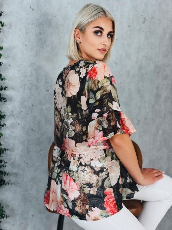 Dámska čierna kvetovaná blúzka s gombíkmi a krátkym rukávom