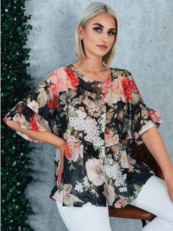 Dámska čierna kvetovaná blúzka s gombíkmi a krátkym rukávom
