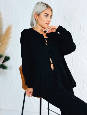 Dámska čierna pletená súprava nohavice + svetrík s viazaním