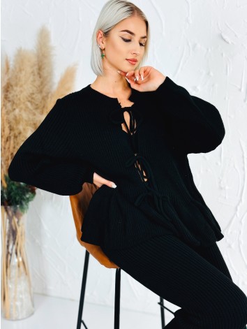 Dámska čierna pletená súprava nohavice + svetrík s viazaním