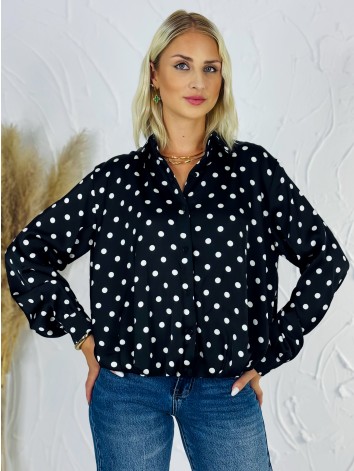 Dámska čierna saténová blúzka s bodkami | Elegantná košeľa s golierom a manžetami