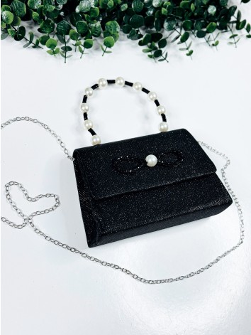 Dámska čierna spoločenská kabelka s perlami a mašľou