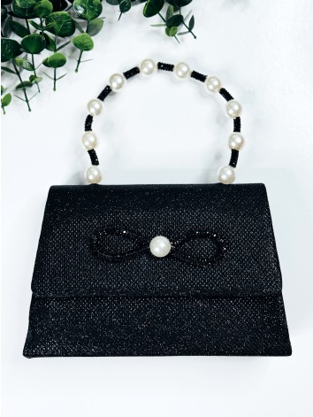 Dámska čierna spoločenská kabelka s perlami a mašľou