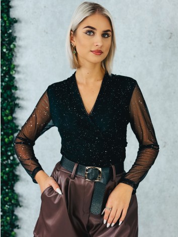 Dámska čierna trblietavá blúzka s priesvitnými rukávmi a véčkovým výstihom