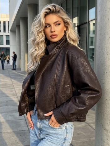 Dámska čokoládová oversized koženka so štruktúrou