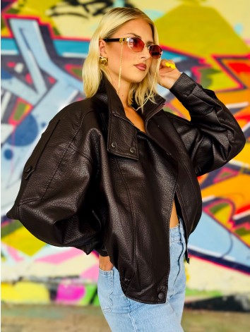 Dámska čokoládová oversized koženka so štruktúrou