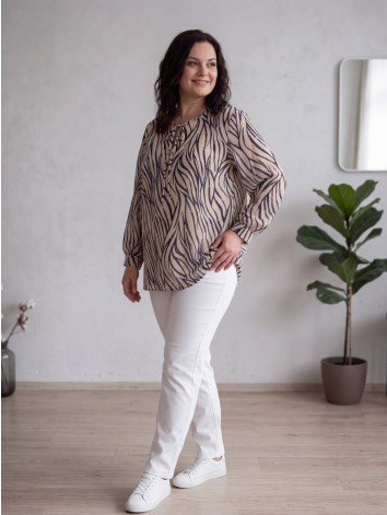 Dámska elegantná béžovo-modrá blúzka so zlatou potlačou