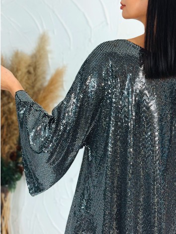 Dámska flitrovaná tunika alebo šaty aj pre moletky v striebornej farbe, alebo aj ako šaty, vhodná na vianočný večierok, silvestrovskú párty.