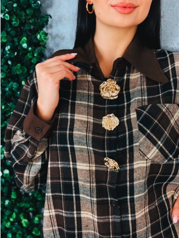 Dámska hnedá flanelová košeľa s ozdobnými zlatými gombíkmi