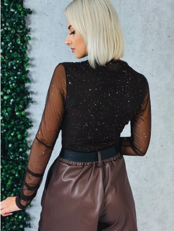 Dámska hnedá trblietavá blúzka s priesvitnými rukávmi