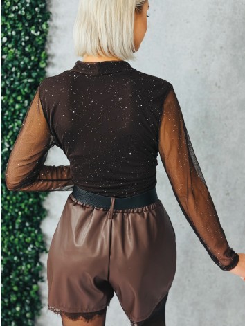 Dámska hnedá trblietavá blúzka s priesvitnými rukávmi a véčkovým výstihom
