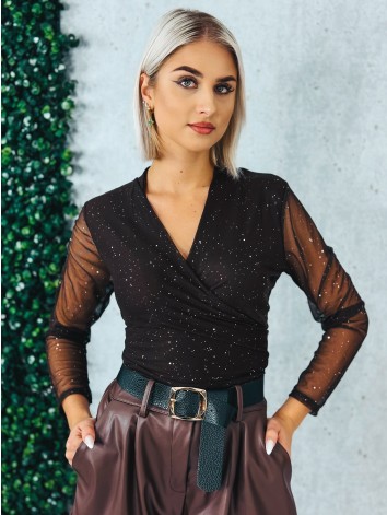Dámska hnedá trblietavá blúzka s priesvitnými rukávmi a véčkovým výstihom