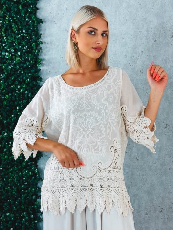 Dámska madeirová blúzka s čipkou - béžová