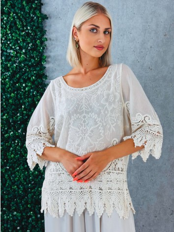 Dámska madeirová blúzka s čipkou - béžová