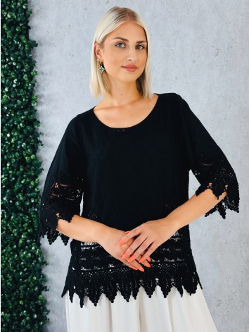 Dámska madeirová blúzka s čipkou - čierna