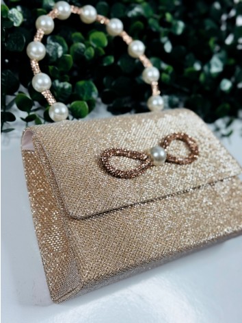 Dámska medená spoločenská kabelka s perlami a mašľou