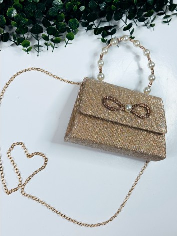 Dámska medená spoločenská kabelka s perlami a mašľou