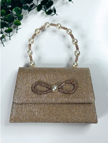 Dámska medená spoločenská kabelka s perlami a mašľou