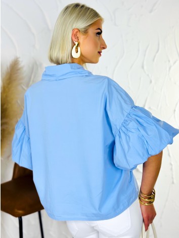 Dámska modrá krátka košeľa s balónovými rukávmi
