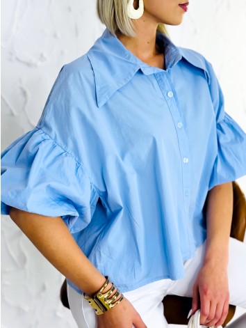 Dámska modrá krátka košeľa s balónovými rukávmi