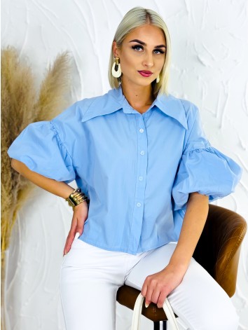 Dámska modrá krátka košeľa s balónovými rukávmi