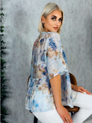 Dámska modrá kvetovaná blúzka s gombíkmi a krátkym rukávom