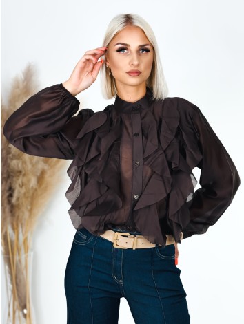 Dámska nariasená hnedá blúzka s gombíkmi