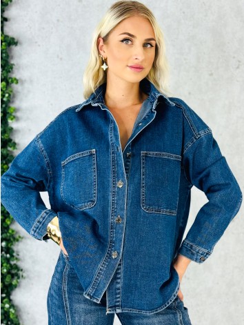 Dámska oversize rifľová košeľová bunda modrá