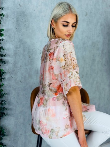Dámska ružová kvetovaná blúzka s gombíkmi a krátkym rukávom