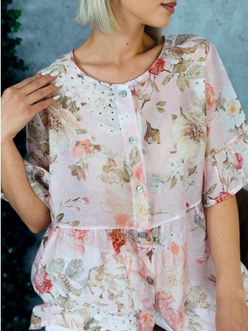 Dámska ružová kvetovaná blúzka s gombíkmi a krátkym rukávom