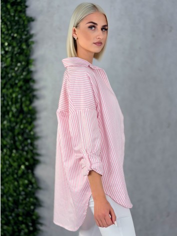 Dámska ružová oversize pruhovaná košeľa s golierom T