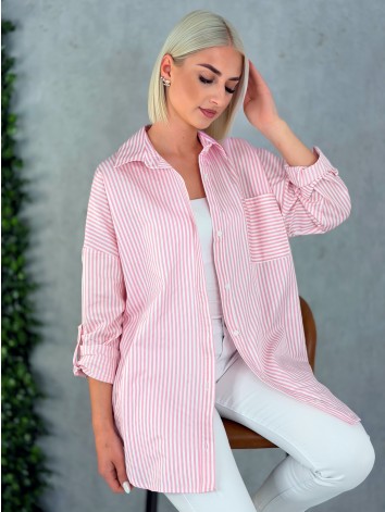 Dámska ružová oversize pruhovaná košeľa s golierom T