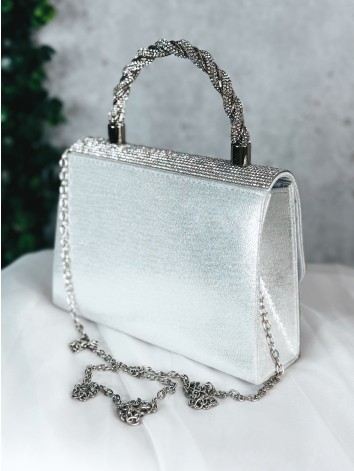 Dámska strieborná luxusná spoločenská kabelka s kamienkami