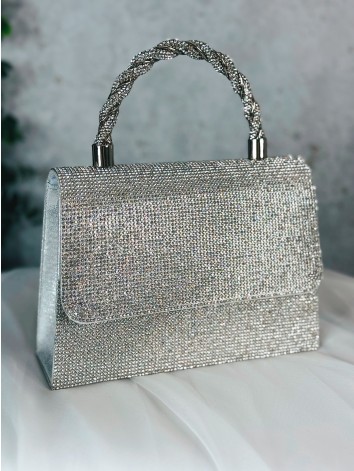 Dámska strieborná luxusná spoločenská kabelka s kamienkami