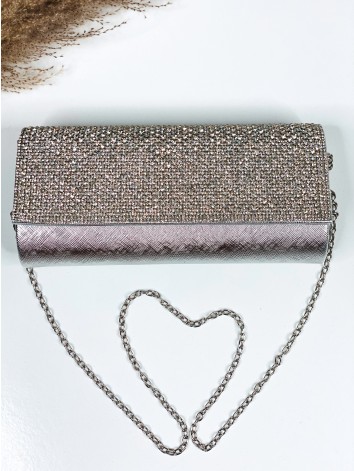 Dámska strieborná spoločenská kabelka s kamienkami a remienkom