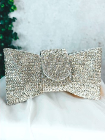 Dámska strieborná spoločenská kabelka v tvare mašle