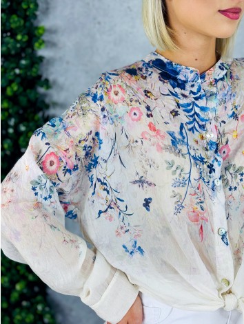 Dámska tmavo modrá kvetovaná blúzka s gombíkmi