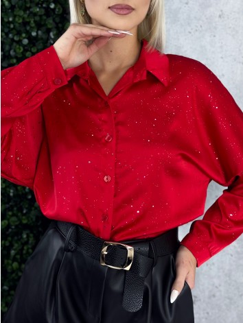Dámska trblietavá saténová blúzka - červená