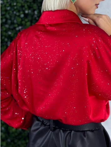 Dámska trblietavá saténová blúzka - červená