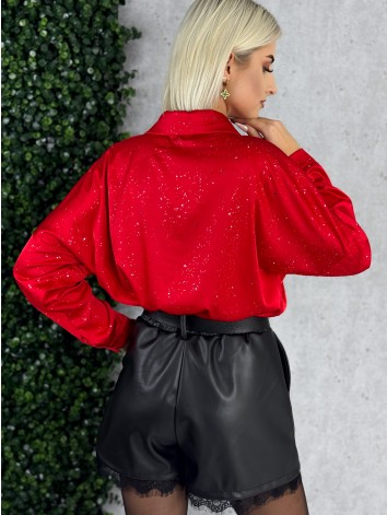 Dámska trblietavá saténová blúzka - červená