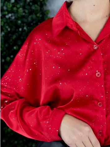 Dámska trblietavá saténová blúzka - červená