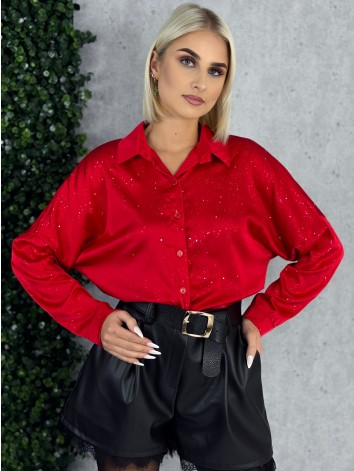 Dámska trblietavá saténová blúzka - červená